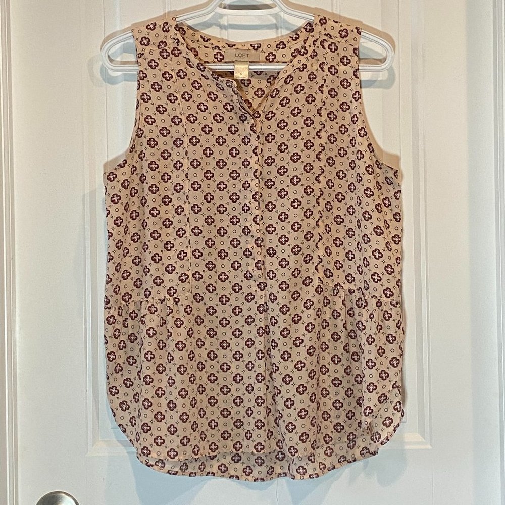 Beige Maroon Patterned Peplum Sleeveless Blouse